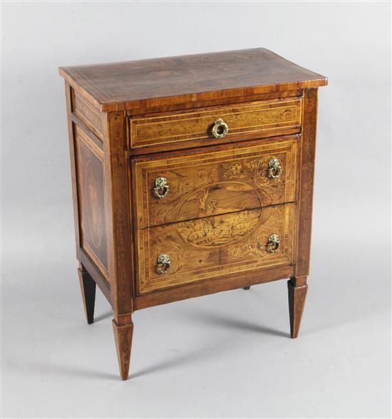 A late 18th century North Italian walnut and pictorial marquetry petit commode, W.2ft .5in. D.1ft 3.75in. H.2ft 8in.